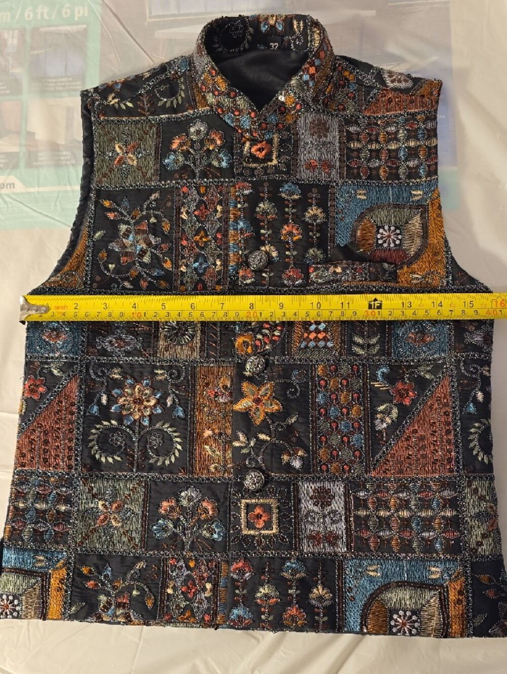 Men's Navy Blue Patchwork Nehru Jacket - Embroidered Festive Vest - Picture 4 of 14
